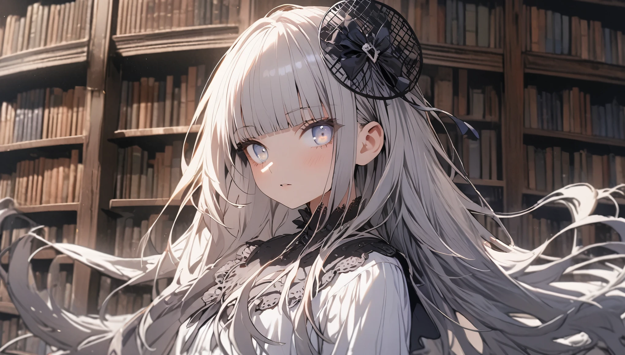 super high resolution,1 girl,solo,yo,ultra-detailed face,detailed eyes,silver eyes,blunt bangs,silver hair,Straight Hair,Long Hair,long sleeve petal collar blouse,black Fascinator,Tiered skirt,expressionless,lash extension,parted lips,Bookshelf in the background,Cowboy Shot,library