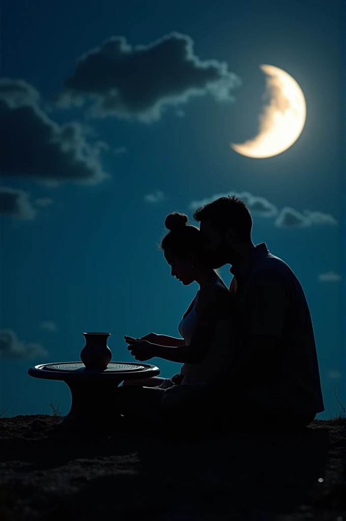 High resolution, Realistic, RAW Photos, 8k wallpaper, perfection, Professional Lighting, Very detailed, Moonlit Confession, crescent moon night, A woman is sitting cross-legged and turning a potter's wheel and making pottery, a man is hugging her from behind, photorealistic, professional lighting