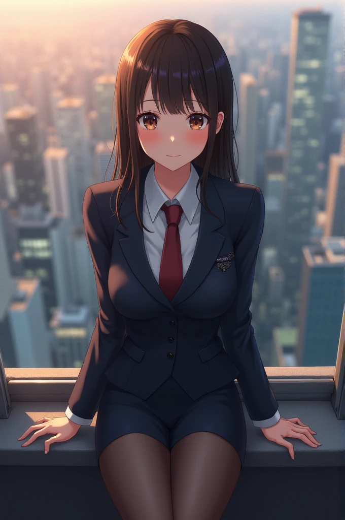 masterpiece, Bokeh, (Beautiful Face), (Detailed face), (Perfect hands), (Japanese Idols:1.6), (business suit:1.3), (Ultra-realistic pantyhose:1.3), (Sit at the top of the tower:1.3),( Balcony of a high-rise apartment building:1.3), (Blushed:1.3), High heels, (From below:1.5), Beautiful mature woman、