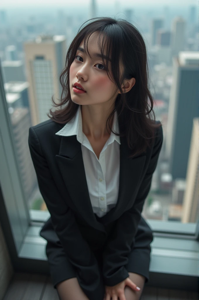 masterpiece, Bokeh, (Beautiful Face), (Detailed face), (Perfect hands), (Japanese Idols:1.6), (business suit:1.3), (Ultra-realistic pantyhose:1.3), (Sit at the top of the tower:1.3),( Balcony of a high-rise apartment building:1.3), (Blushed:1.3), High heels, (From below:1.5), Beautiful mature woman、