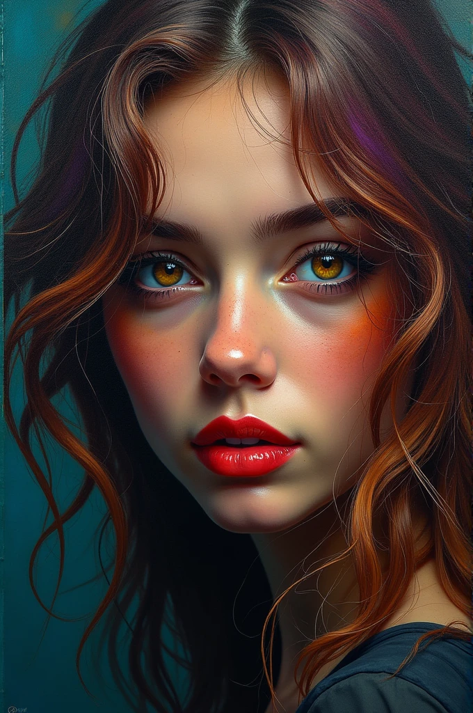 a detailed expressionist portrait of a woman, beautiful detailed eyes, beautiful detailed lips, extremely detailed eyes and face, long eyelashes, messy colorful hair, dramatic lighting, intense colors, thick textured brushstrokes, moody atmosphere, vibrant palette, dramatic chiaroscuro, emotive expression, atmospheric, impressionistic, oil painting, masterpiece, best quality, 8k, hyper detailed, photorealistic