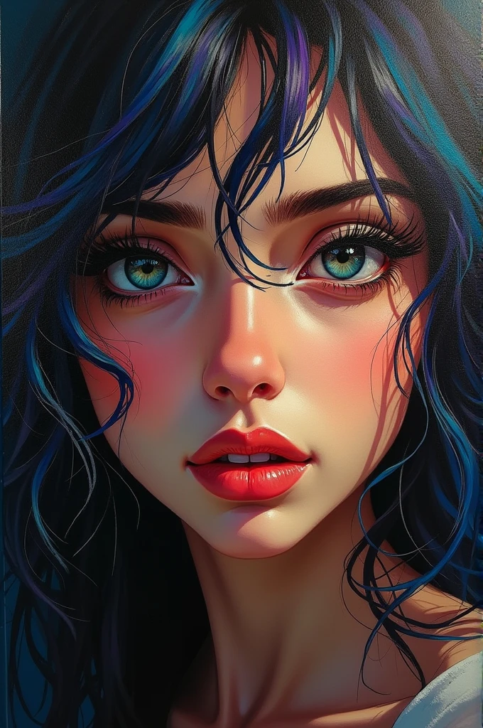 a detailed expressionist portrait of a woman, beautiful detailed eyes, beautiful detailed lips, extremely detailed eyes and face, long eyelashes, messy colorful hair, dramatic lighting, intense colors, thick textured brushstrokes, moody atmosphere, vibrant palette, dramatic chiaroscuro, emotive expression, atmospheric, impressionistic, oil painting, masterpiece, best quality, 8k, hyper detailed, photorealistic