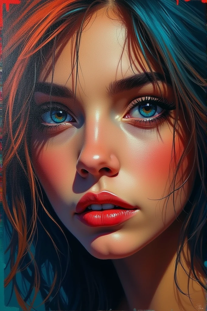 a detailed expressionist portrait of a woman, beautiful detailed eyes, beautiful detailed lips, extremely detailed eyes and face, long eyelashes, messy colorful hair, dramatic lighting, intense colors, thick textured brushstrokes, moody atmosphere, vibrant palette, dramatic chiaroscuro, emotive expression, atmospheric, impressionistic, oil painting, masterpiece, best quality, 8k, hyper detailed, photorealistic