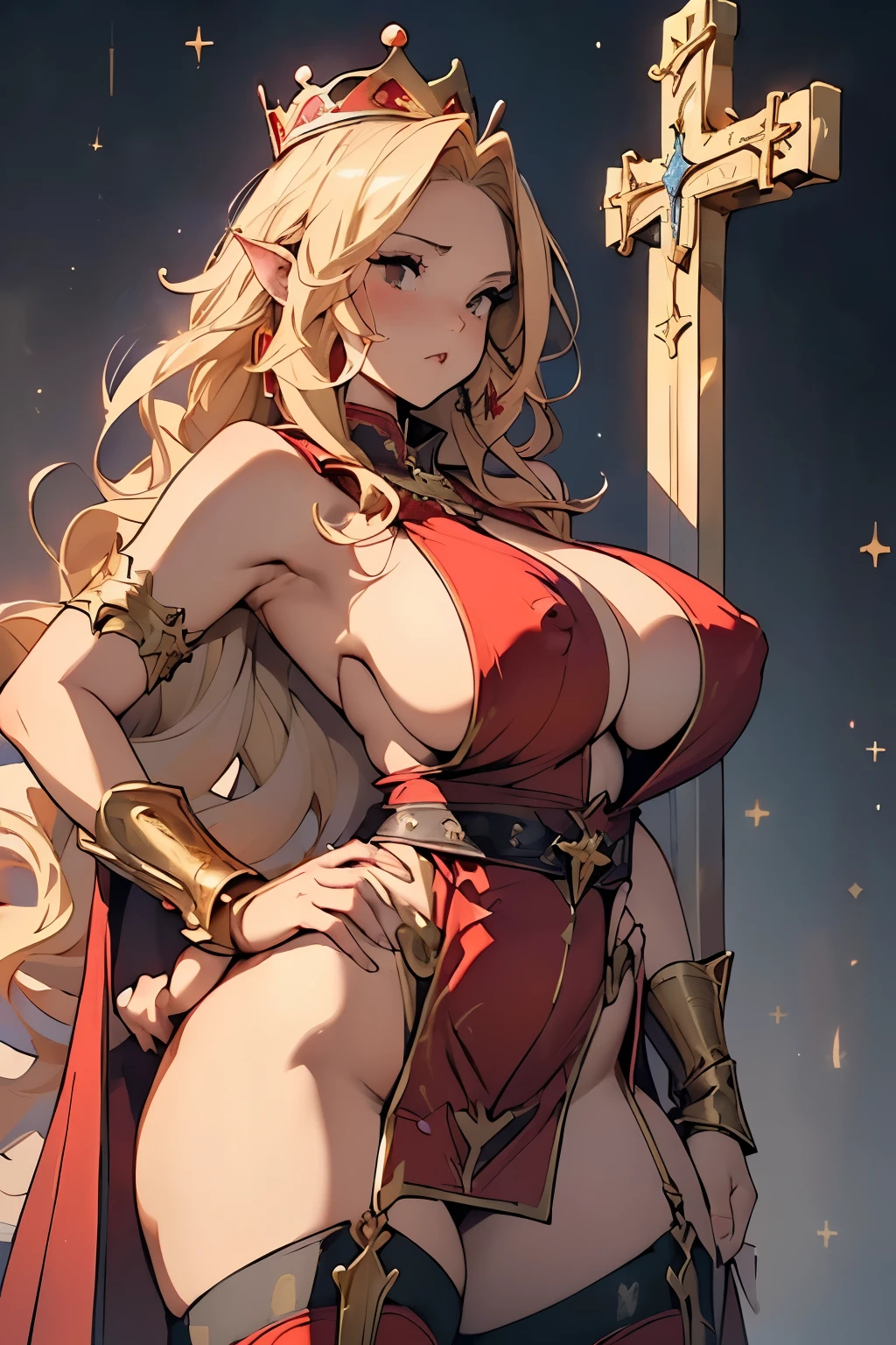 Place your hands on your hips、Facing forward、look down、looking at the camera、Blonde Long Hair、(Magic Mentor、witch、princess、crown)、(Red One Piece Dress、Big slit、Gold Armor、(Gold decoration、cross、Red High Socks、Red Garter Belt)、((Huge breasts:1.5)、(Sideboob:1.5)、(glamorous、curve、Chubby)、Wide Hips、Thick thighs、Revealing outfit、(NSFW))、(whole body:1.5)、Photographed from the front、churchのステンドグラス、(巨大な金のcross、church)、Sexy pose
