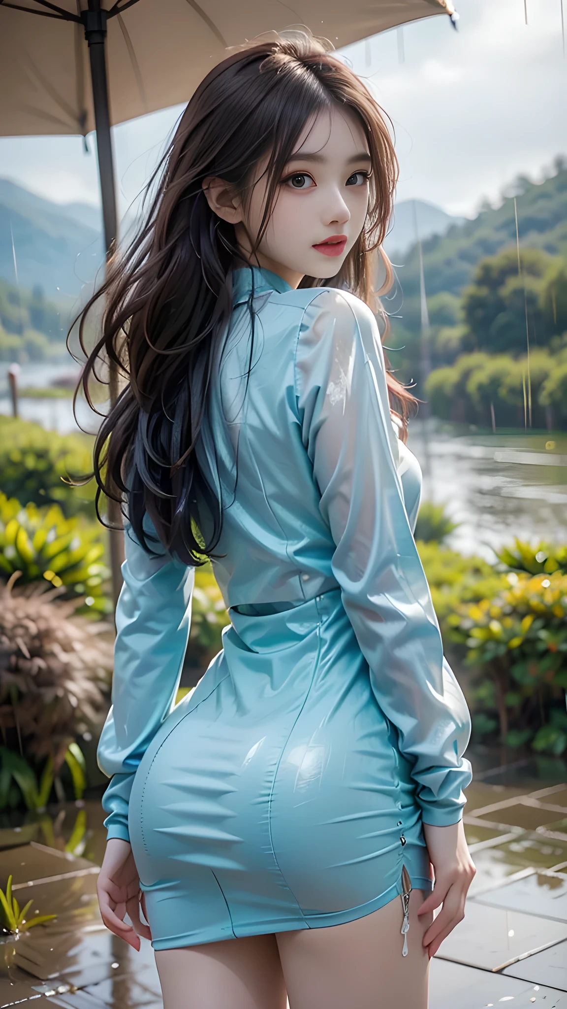 ulzzang-6500-v1.1, (RAW photo: 1.2), (Real photo), (Real photo: 1.4), 1 girl、Perfect anatomy、19 years old、Looking at the camera、((from behind)), Medium length hair, Wet hair in the rain, dress, ((in the mountains, in the rain: 1.1)), (Soaked clothes: 1.2), (Business service)、Asian eyes Ella,