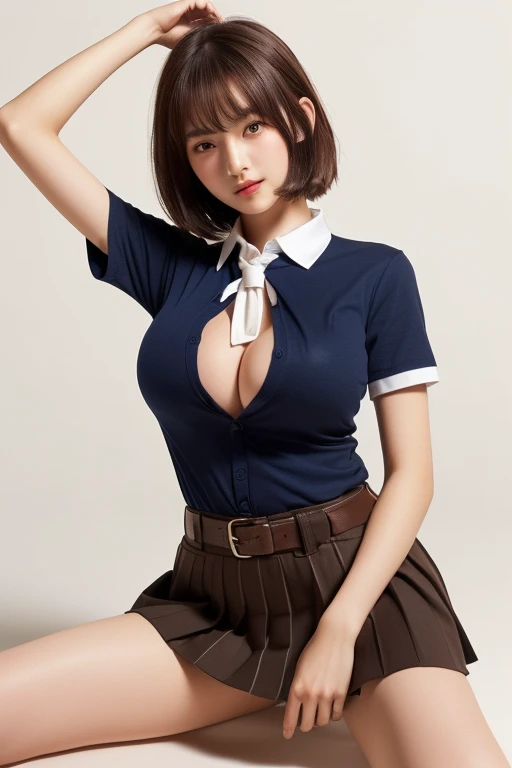 (((Accentuate your sexy breastsTback:1.75)))、(((Sexy knee-highs:1.35)))、((((Emphasizes the sexy crotch:1.35)))、((((Spread your legs wide、Touching the thigh、Showing off your crotch、Thin pubic hair sticking out、large pointy breasts))))、((Boyfriend and girlfriend having sex in missionary position:1.5))、((Sexual pose:1.5))、((Spread legs POV:1.5))、、Browsing Caution、(Humans are biologically correct、references) 、 lose extra limbsslim limbsextra numbersmutated hands and finger fusionfingersslim bad handslong necklong body anatomybad deformationbad deformation no extra breasts、Not Futanari、(Highest quality、Tabletop、、Best image quality、Award-winning works)、Cute school girl、けたWhite polyester collared shirt、Short sleeve:1.4)、(Navy Pleated Skirt:1.1)、Girl portrait photography、Glowing Skin、Brown Hair、Are standing、Sculpture Pose、(The simplest pure white background:1.1)、(Large Breasts:1.8)、Accentuate your body lines:1.1)、Very large red ribbon tie、Very short hair、smile