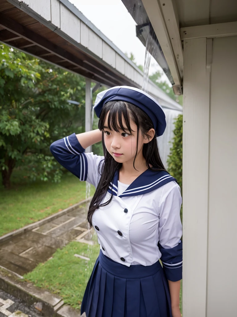 A big-breasted girl in a sailor uniform is caught in a sudden shower on her way home from school and takes shelter under the eaves while soaking wet.