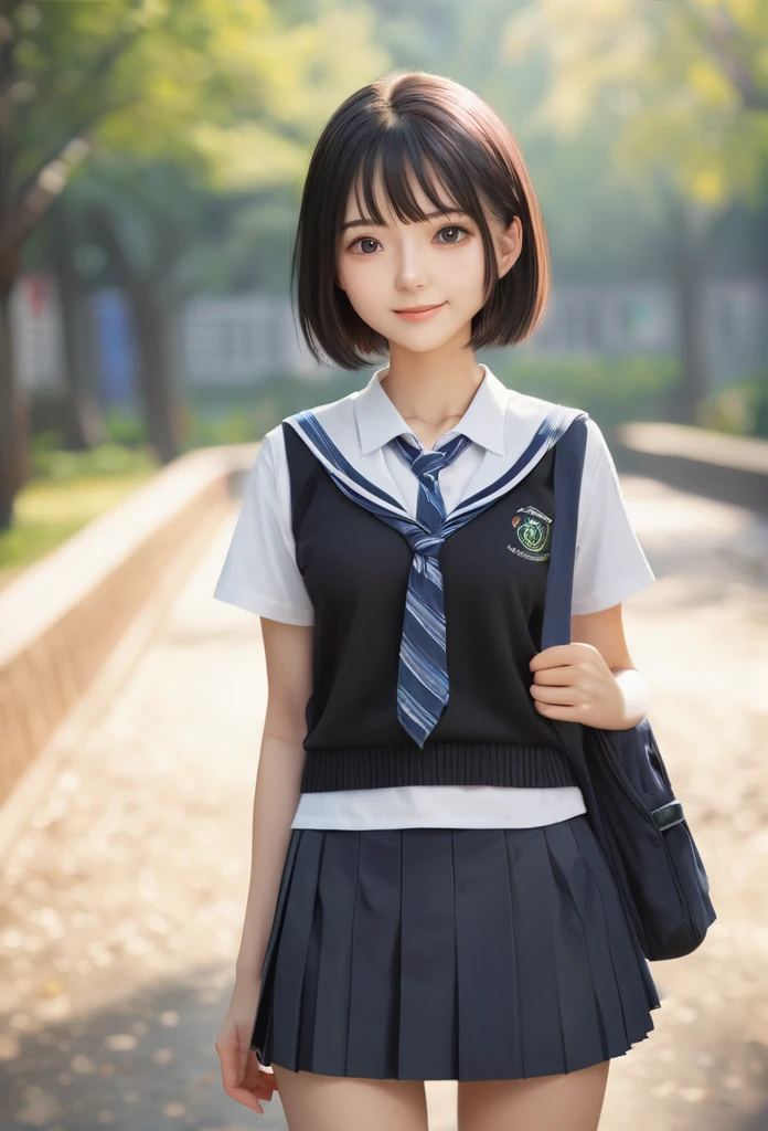detailed face, cute face,18-year-old female, Long Hair, RAW Photos, Bokeh (realism: 1.4, Realistic), High-definition CG integrated 8K wallpaper, One girl, ((The body is slim: 1)), (Small breastss: 1), Back to viewers, ((Direct view from the front)), (high qualityスキン: 1.4), 8K Ultra HD, Digital SLR, Soft Light, high quality, Film Grain, Fujifilm XT3, ((school uniform, Short skirt,The open skirt is visible through:1.5)), ((Outdoor, at the park))) Janju, Portraiture,((Layered Short Haircut, Black Employment,Small breasts:1.2)),(View your viewers:1.4),(whole body:1.8)