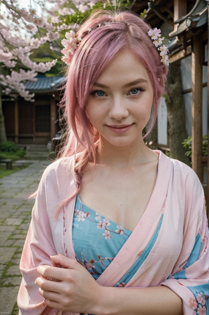 (masterpiece, best quality:1.2), pov, solo focus, upper body, 1girl, hand on another's cheek, smile, pink hair, blue eyes, japanese clothes, kimono, cherry blossom trees