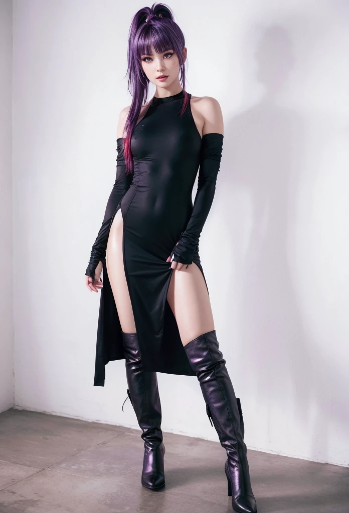 Ayane, purple hair, red eyes, (best quality, ultra-detailed), (realistic:1.37), beautiful and detailed face, ultra-realistic texture, delicate face, delicate body, red lipstick, long-lasting colors. high definition, 8K. expression with a sexy look