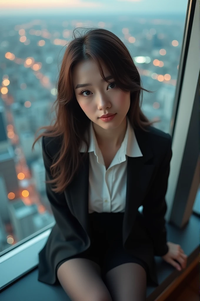 masterpiece, Bokeh, (Beautiful Face), (Detailed face), (Perfect hands), (Japanese Idols:1.6), (business suit:1.3), (Ultra-realistic pantyhose:1.3), (Sit at the top of the tower:1.3),( Balcony of a high-rise apartment building:1.3), (Blushed:1.3), High heels, (Shooting from below:1.5), Ankle focus、Sharp focus、Beautiful mature woman、