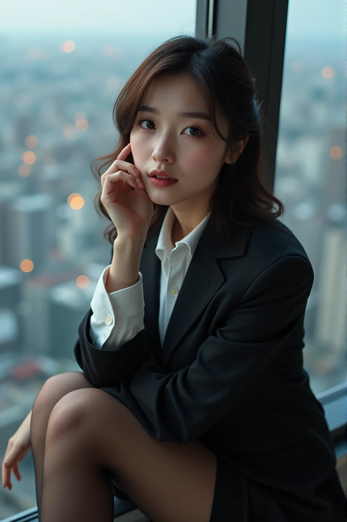 masterpiece, Bokeh, (Beautiful Face), (Detailed face), (Perfect hands), (Japanese Idols:1.6), (business suit:1.3), (Ultra-realistic pantyhose:1.3), (Sit at the top of the tower:1.3),( Balcony of a high-rise apartment building:1.3), (Blushed:1.3), High heels, (Shooting from below:1.5), Ankle focus、Sharp focus、Beautiful mature woman、