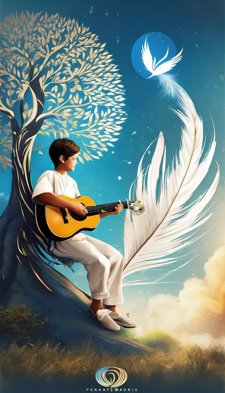 Create a cinematic, abstract symbol for a storytelling production brand based on stories and dreams called " Penamemoria". The logo should convey a fantasy theme and include the company of a boy and a feather. Fantastic, memorable, poetic, dreamy, sitting against a tree and playing guitar to a fantastic, unique, poetic white-blue-golden feather.