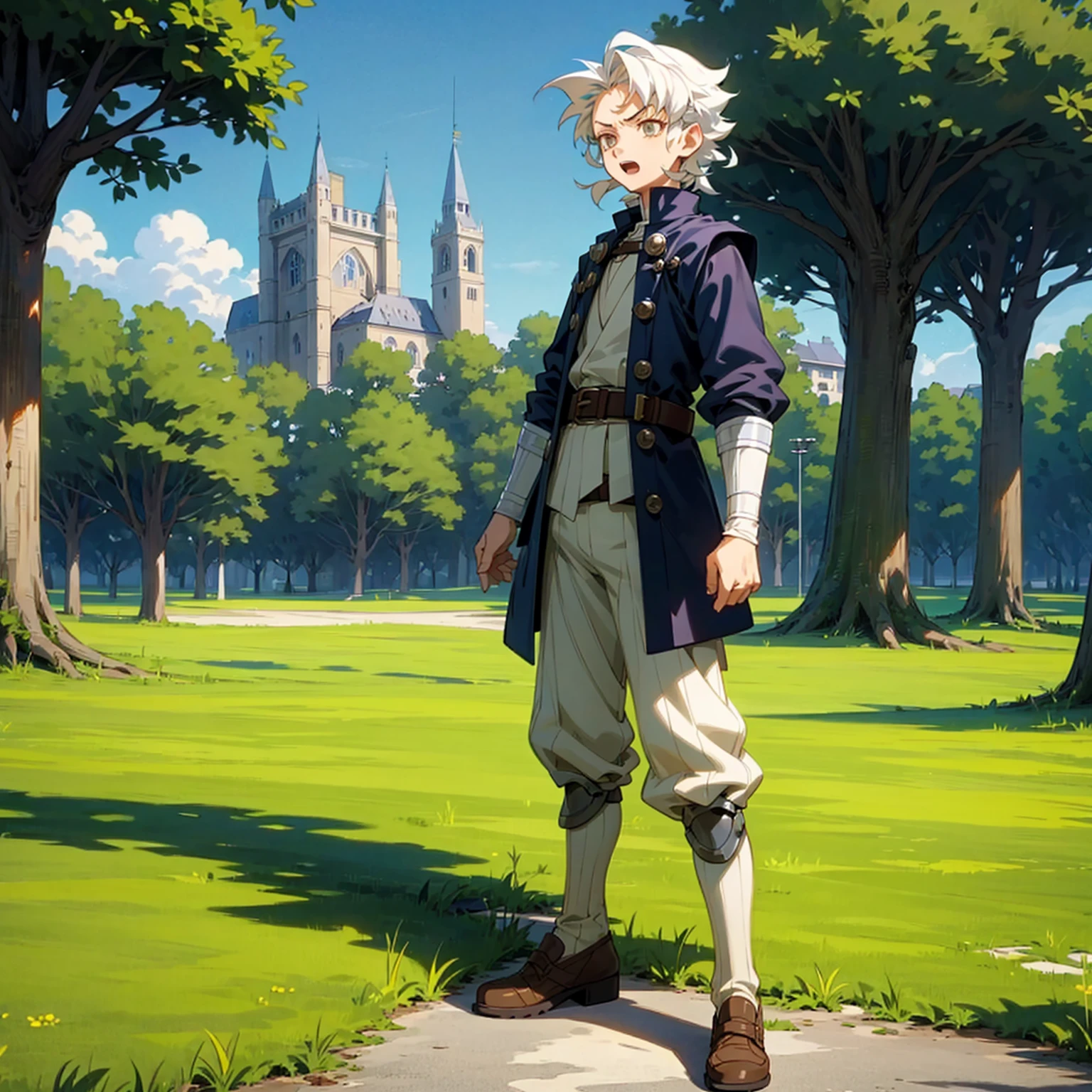 Solo character, kid boy, short height, full body version, white eyes, white colour hair, long curly haircut, casual clothing, belt, shoes, outdoor, town, park, medieval, afternoon, standing gesture, detailed clothing, detailed hair, detailed background, open mouth,(Hunter x Hunter style art)