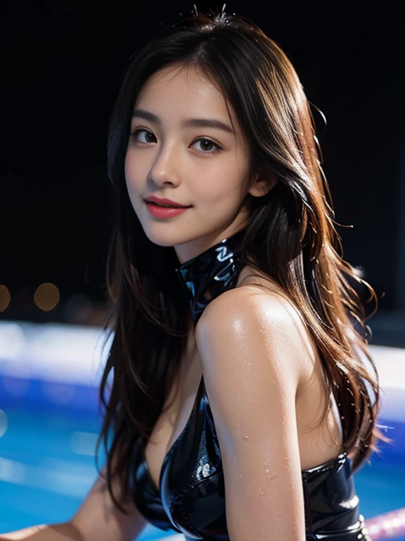 Latex bodysuit、Knee-high boots、Huge 、Long brown hair、Shiny, Oily skin、Glowing Skin、Indoor competition pool、White skin、 Body Portrait, 8k, Narrow and beautiful eyes, Dindal effect, masterpiece, 最high quality, high quality, High resolution, Very detailed photos, (Natural skin texture, Fine skin, Hyperrealism, Ultra Sharpness) , Skin with attention to detail, (Very fine, Fine skin texture, Intricate details, Beautiful Face, (A vivid face), Realistic eyes, Beautiful and detailed, Realistic Skin, Beautiful Skin, surreal, Very detailed, Golden Ratio, Smiling Eyes, ((Night moonlight background)), Body Portrait, glamorous, Shiny Bodysuit