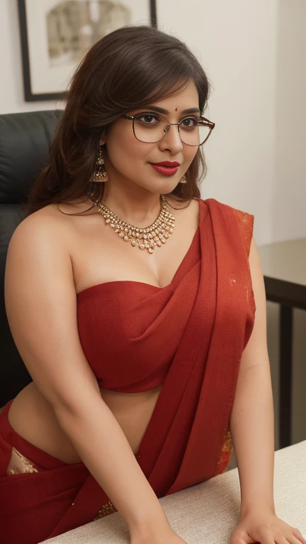 extreme close up photo of naked indian, big cheeks, hourglass figure, curvy, kneel down on all four on table in office, red lips, nerd glasses,big , necklace, sultry, only saree, no blouse,no bra,look at viewer and subtle smile, (cinematic:1.3), intricate details, (ArtStation:1.2)