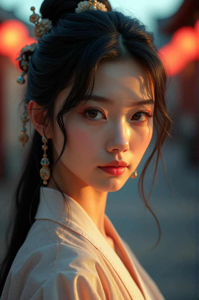 1 Girl,whole body,Extremely detailed face, Beautiful and delicate eyes,There is light on the face,Movie Lighting,Looking at the audience,outdoor,Black Hair,(Black Chinese Building:0.05),Hanfu,