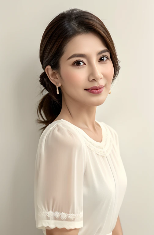 top-quality, ​masterpiece, high resolution, Photorealsitic, Raw photography, 8k wallpaper, flawless, professional lighting, highly detailed, depth of fields, white color background, ((One beautiful woman)), ((48 years old)), Female sexy, Detailed true to life face, detailed beautiful nude skin beautiful ears, (no earrings), beautiful eyes, bangs, small breasts of good shape, loose updo layers black hair, Faint moist glossy skin tone lips, ((Stand at angle towards left side, gazing at the ground, serene face eyes)), translucent white skin, wearing a pleaded high waist skirt ultra high end luxury detailed white blouse Peter Pan collar and embroidered sheer puffy short sleeves, cowboy shot, elegant female, refined elegance, ((no earring)), remove earrings 