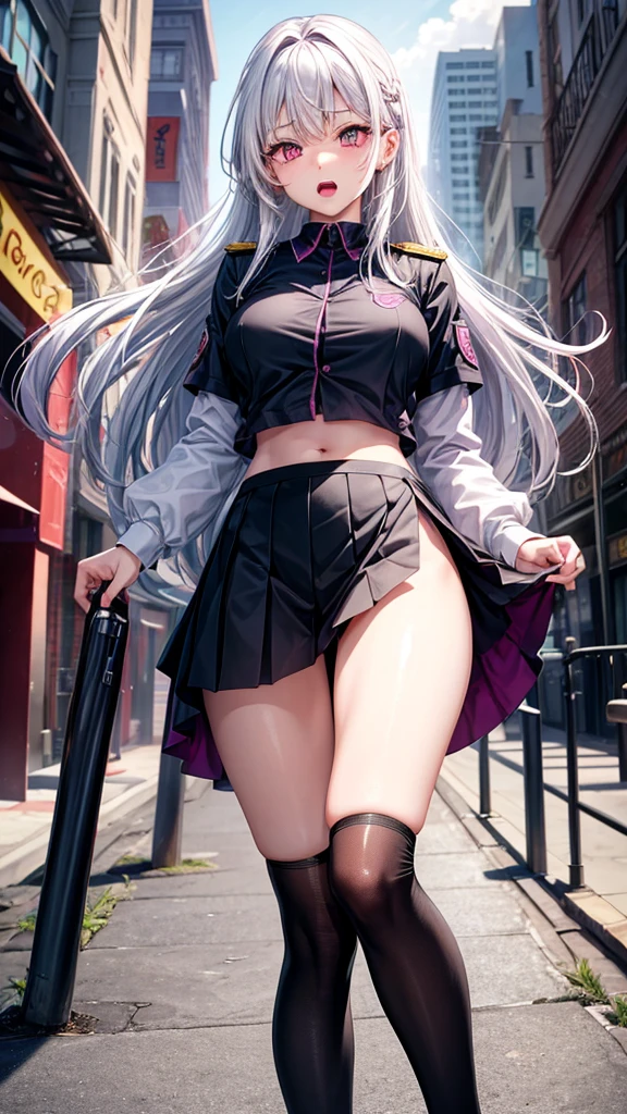 Lovely eyes:1.2), (Bright Eyes:1.2), best quality,wonderful,Finely,Extremely detailed CG unity 8k wallpaper, (The most popular one in school,3 girls),(((3 girls,,Uniforms))) (girl in front:She has long black hair and red eyes.,), (Girl on the right:White hair and pink eyes),(Girl on the left:Pink hair and purple eyes,Looks violent and disrespectful), (Lower breasts:1.1), (open mouth:1.1),(thigh:1.2),(waistline:1.2),Corner store in the background