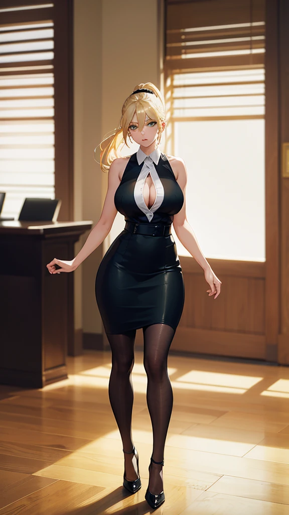 Tall woman, green eyes, blonde hair in low ponytail, fair skin, beautiful, curvy body, secretary outfit, office environment, professional setting, far away shot soft lighting, full body visible *she's wearing a black pencil skirt that hugs her curvy hips, a white sleeveless shirt that shows off her toned arms, and a pair of black high heels that make her legs look amazing, standing pose, bent down, hands on knees, looking down at the camera, lustfull expression