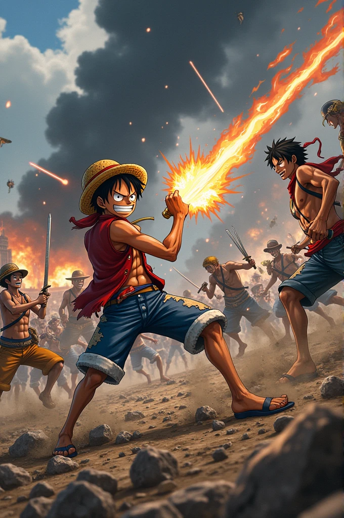 Title: "Luffy's Warzone Battle"Scene Description: The scene is a chaotic battlefield in the midst of an all-out war. The environment is filled with the sounds of explosions, clashing swords, and battle cries. Smoke and fire rise from the ground, adding a dramatic and intense atmosphere. The sky is darkened by thick clouds of smoke, and debris is scattered everywhere.Foreground:Monkey D. Luffy is the focal point, captured in mid-action. He is performing his Gomu Gomu no Pistol attack, with his rubber arm stretched out to an incredible length, delivering a powerful punch to an enemy. His expression is fierce, with gritted teeth and focused eyes. Luffy's iconic straw hat is secured on his head, slightly tilted back due to the force of his attack. His red vest is torn and tattered, revealing his muscular build, and his blue shorts are dirty from the battle.Midground:Various enemies are depicted in dynamic poses. Some are reeling from Luffy's attack, while others are charging towards him with weapons drawn. These enemies vary in appearance, including both human and monstrous foes, showcasing the diversity of the battlefield.Zoro can be seen nearby, engaged in a fierce sword fight with multiple opponents. His three swords are in action, and his bandana is tied around his head, indicating his serious combat mode.Nami is wielding her Clima-Tact, summoning a powerful weather-based attack. Lightning crackles around her as she faces off against several enemies.Background:The distant background shows other members of the Straw Hat crew in their own intense battles. Sanji is using his powerful kicks, Usopp is firing his slingshot, Robin is using her Hana Hana no Mi powers, Franky is unleashing his weapons, and Brook is fighting with his sword.The battlefield itself is a war-torn environment with remnants of destroyed buildings, broken weapons, and fallen enemies. Fire and smoke add to the chaotic ambiance, with bursts of light from explosions illuminating the darkened sky.Atmosp