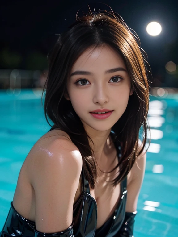 Latex bodysuit、Knee-high boots、Huge 、Long brown hair、Shiny, Oily skin、Glowing Skin、Indoor competition pool、White skin、 Body Portrait, 8k, Narrow and beautiful eyes, Dindal effect, masterpiece, 最high quality, high quality, High resolution, Very detailed photos, (Natural skin texture, Fine skin, Hyperrealism, Ultra Sharpness) , Skin with attention to detail, (Very fine, Fine skin texture, Intricate details, Beautiful Face, (A vivid face), Realistic eyes, Beautiful and detailed, Realistic Skin, Beautiful Skin, surreal, Very detailed, Golden Ratio, Smiling Eyes, ((Night moonlight background)), Body Portrait, glamorous, Shiny Bodysuit