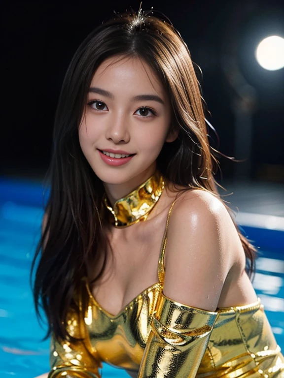 Latex bodysuit、Knee-high boots、Huge 、Long brown hair、Shiny, Oily skin、Glowing Skin、Indoor competition pool、White skin、 Body Portrait, 8k, Narrow and beautiful eyes, Dindal effect, masterpiece, 最high quality, high quality, High resolution, Very detailed photos, (Natural skin texture, Fine skin, Hyperrealism, Ultra Sharpness) , Skin with attention to detail, (Very fine, Fine skin texture, Intricate details, Beautiful Face, (A vivid face), Realistic eyes, Beautiful and detailed, Realistic Skin, Beautiful Skin, surreal, Very detailed, Golden Ratio, Smiling Eyes, ((Night moonlight background)), Body Portrait, glamorous, Shiny Bodysuit