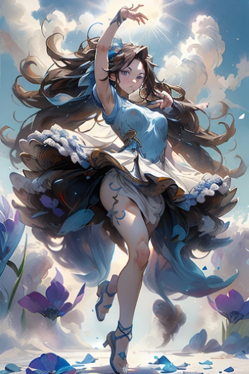 ((full length, no crop graceful figure, Beautiful legs, fast dance pose, brunette, beautiful face with expressive eyes, light white tones, fluffy skirt made of blue iris flower petals, Esbian Full Body, White background, daylight, Efeito de Luz, minimalist, Sun, pure tenderness, soft lighting, Realism, woman, who dances on a super-giant petal of a deep blue iris flower (petals made of thin, soft voile fabric, full background of flowing  blue petals, soaring one flower in hand - a long stem above the head, huge giant blue iris flower, over her head, Smoke effect, fog, mixed with blue iris petals), ((ss-through)), masterpiece, ReV Анимированныеbest quality)), ((masterpiece)), (detailed), 1girl, off-shoulder sweater, 