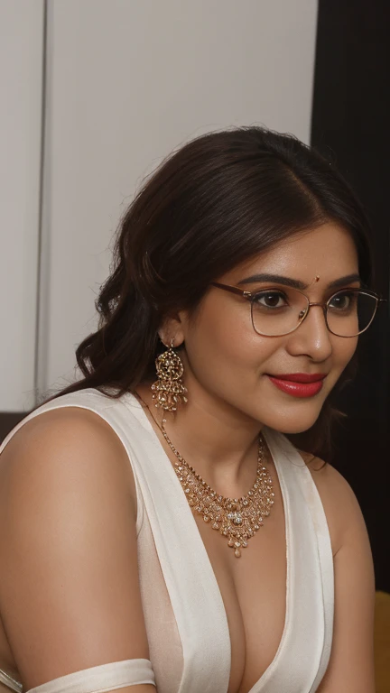 extreme close up photo of naked indian, big cheeks, hourglass figure, curvy, kneel down on all four on table in office, red lips, nerd glasses,big , necklace, sultry, white transparent only saree, no blouse,no bra,look at viewer and subtle smile, (cinematic:1.3), intricate details, (ArtStation:1.2)