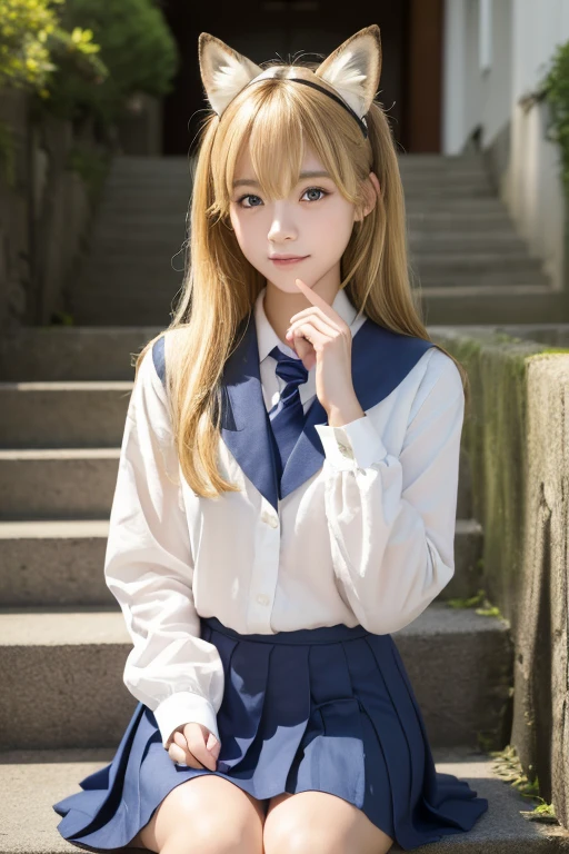 ((Beautiful blonde hair))、((Beautiful blonde hair))、One Girl、((Highest quality、8k、masterpiece))、Sharp focus:1.2、(Small fox ears)、Cute 17 year old girl with perfect figure:1.4、((Detailed image of the skirt))、 ((Detailed image of the skirt))、Highest quality, masterpiece, Ultra-high resolution, (Realistic:1.4), RAW Photos, Full Body Shot, Front view, From below, One Girl, The most famous Japanese idols, Crouching on the stairs, ((Wear Japan high school uniform)), (Very cute face like the most popular Japanese idol, (Very beautiful big eyes)), Very beautiful hair, Very beautiful skin, Very beautiful long eyelashes, Very beautiful lips, Very beautiful short body, Very beautiful thighs, An innocent smile, View your viewers, Dynamic pose, Detailed play area, ((Detailed matching of Japanese high school uniforms)), ((Detailed image of the skirt)、)((Detailed image of the skirt))、((Detailed image of the skirt))