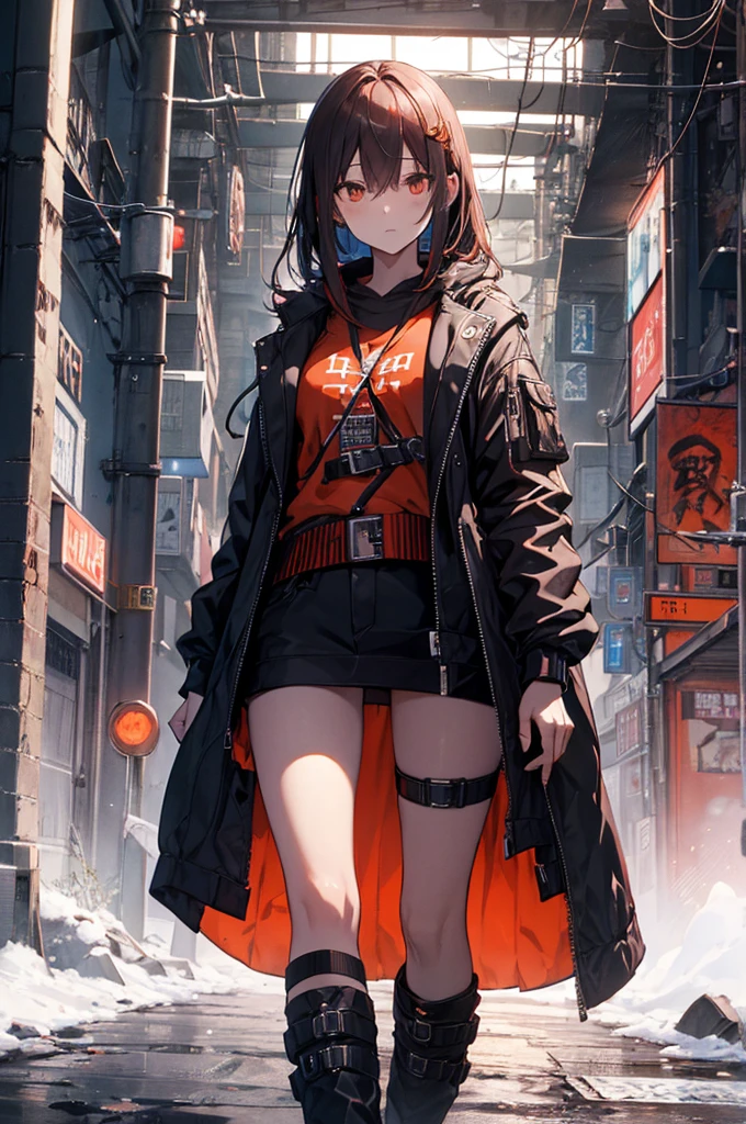 （Highest quality、High resolution、8k、mysterious、masterpiece：1.2）。Gatekeeper of Hell。In front of the gate that emits an evil aura、A woman wearing a cyberpunk orange mask is standing。She&#39;s curvy yet slender。Smiling and showing teeth。The beauty of lighting created by light and shadow。That&#39;s pretty detailed.。Dark skin and light eyes。The long white scarf around her neck is fluttering in the wind.。Aggressive fighting stance。Divinity。Aura overflowing。The bandages are fraying。original character。1 girl、solo、Silver ponytail short hair、Black tattered coat、White shirt with black ribbon、Yellow-green checkered skirt、Long white socks、sf、Her arms are made of steel automail.。He carries a giant orange and lime green mechanical scythe on his shoulder.