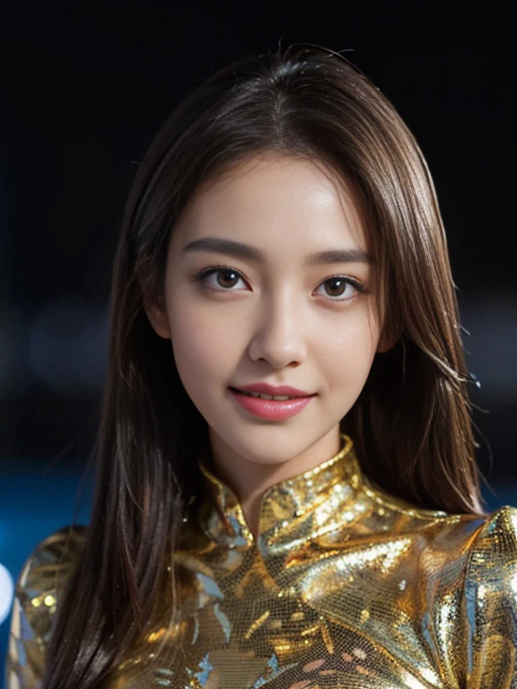 Latex bodysuit、Knee-high boots、Huge 、Long brown hair、Shiny, Oily skin、Glowing Skin、Indoor competition pool、White skin、 Body Portrait, 8k, Narrow and beautiful eyes, Dindal effect, masterpiece, 最high quality, high quality, High resolution, Very detailed photos, (Natural skin texture, Fine skin, Hyperrealism, Ultra Sharpness) , Skin with attention to detail, (Very fine, Fine skin texture, Intricate details, Beautiful Face, (A vivid face), Realistic eyes, Beautiful and detailed, Realistic Skin, Beautiful Skin, surreal, Very detailed, Golden Ratio, Smiling Eyes, ((Night moonlight background)), Body Portrait,  glamorous, Shiny Bodysuit