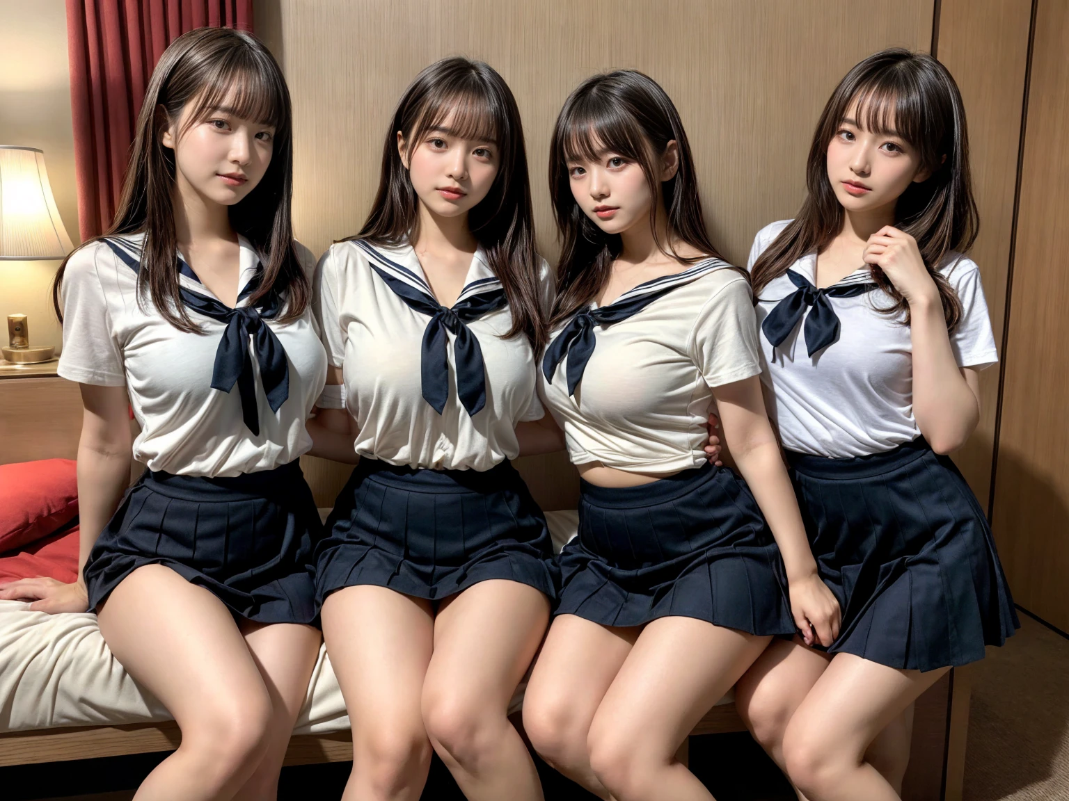 masterpiece, best quality, illustration, Super detailed, fine details, High resolution, 8K,wall paper, perfect dynamic composition,(Details High quality, realistic depiction of eyes:1.3), (3 girls), Black Sailor Uniform, serafuku, Navy pleated skirt, sitting, open legs, short bob hair, in a hotel room in the background, deep on field, large breasts, black hair color, Big Natural Color Lip, (perfect body shape), crying a little、Harajuku style、20 year old girl、cute type、beautiful legs, Gravure Idol