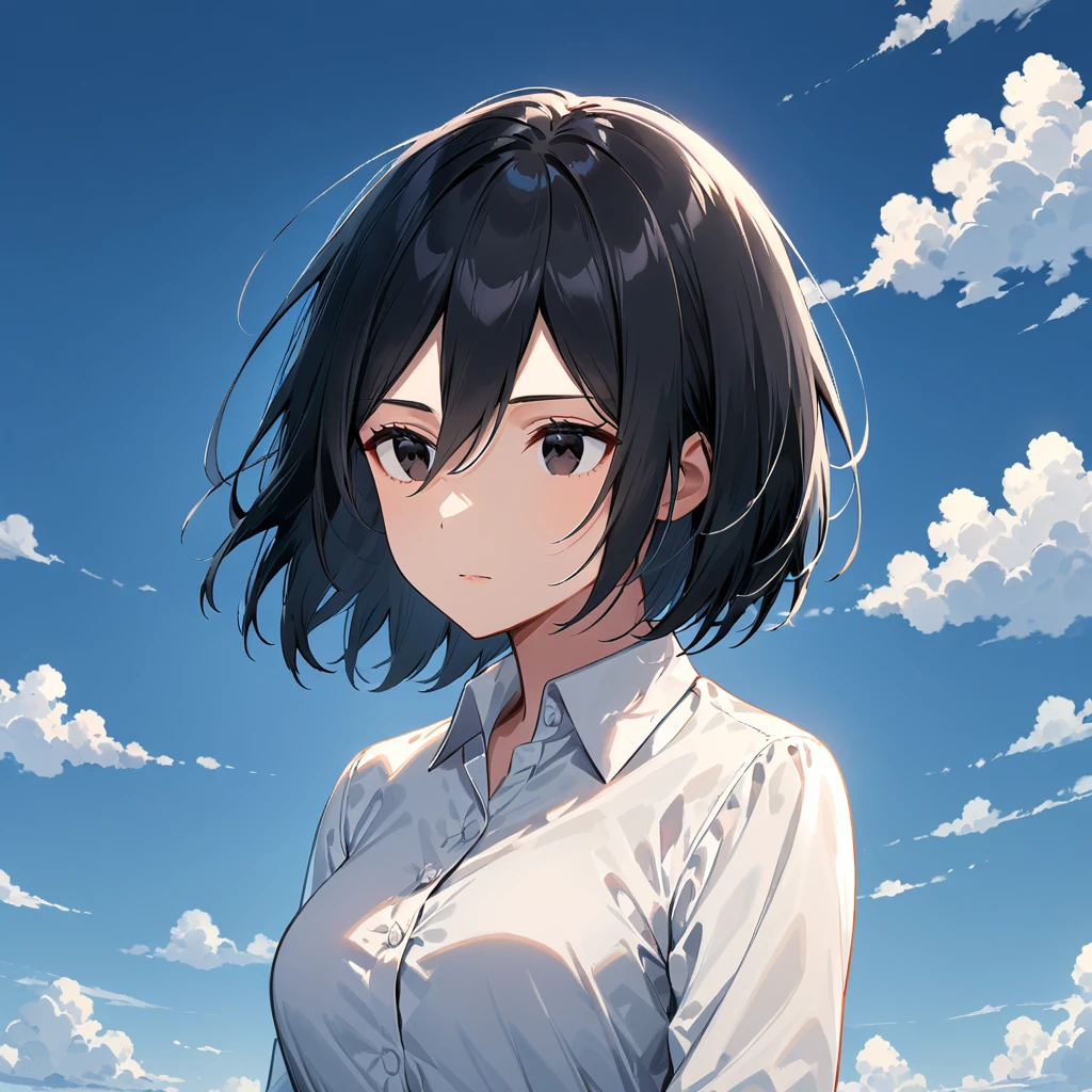 solo, 1girl, mikasa ackerman, black hair, shirt, short hair, white shirt, hair between eyes, upper body, collared shirt, black eyes, dress shirt, sky, cloud, ((medium quality)), ((medium quality))