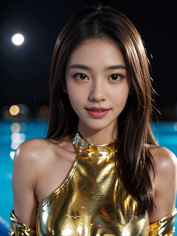 Latex bodysuit、Knee-high boots、Huge 、Long brown hair、Shiny, Oily skin、Glowing Skin、Indoor competition pool、White skin、 Body Portrait, 8k, Narrow and beautiful eyes, Dindal effect, masterpiece, 最high quality, high quality, High resolution, Very detailed photos, (Natural skin texture, Fine skin, Hyperrealism, Ultra Sharpness) , Skin with attention to detail, (Very fine, Fine skin texture, Intricate details, Beautiful Face, (A vivid face), Realistic eyes, Beautiful and detailed, Realistic Skin, Beautiful Skin, surreal, Very detailed, Golden Ratio, Smiling Eyes, ((Night moonlight background)), Body Portrait, glamorous, Shiny Bodysuit