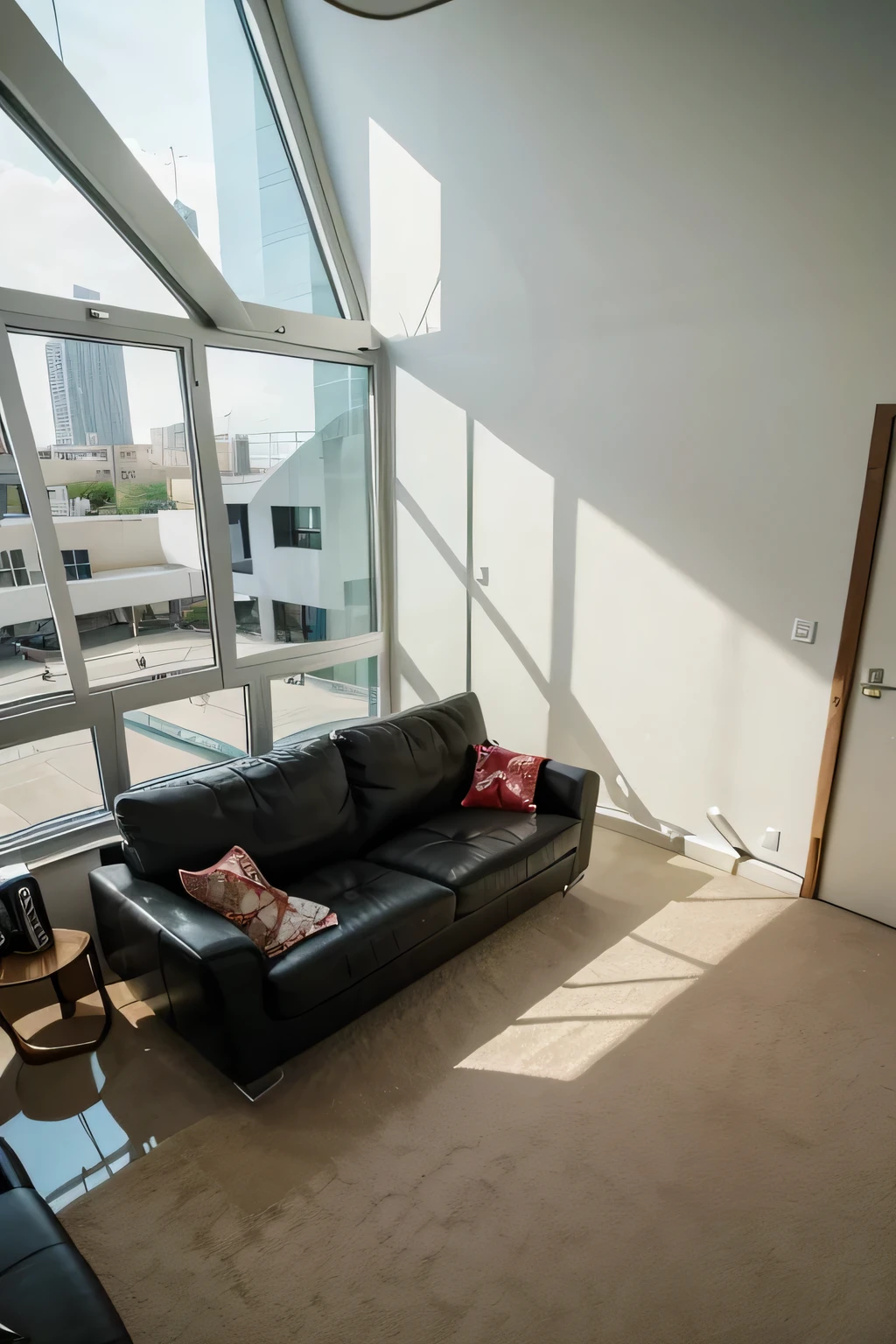 nice big modern room, photographed from a bird's eye view, with coffee in hand ,From the window you can see a green landscape with mountains and grasses