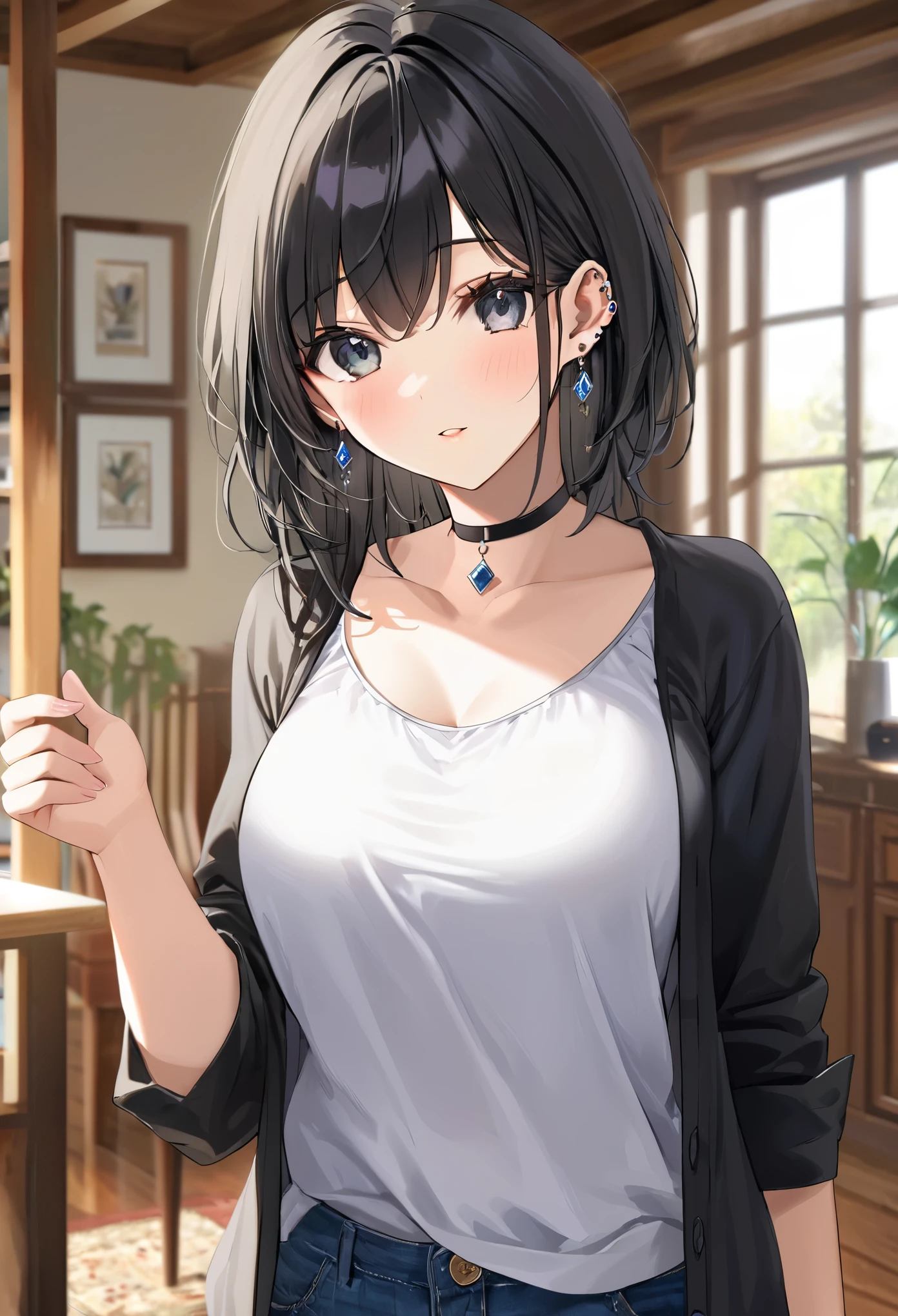 best quality, super_delicate, ultra detailed, beautiful, 8k , 1girl, milf, black hair, casual clothes, earrings, choker, indoor, bright