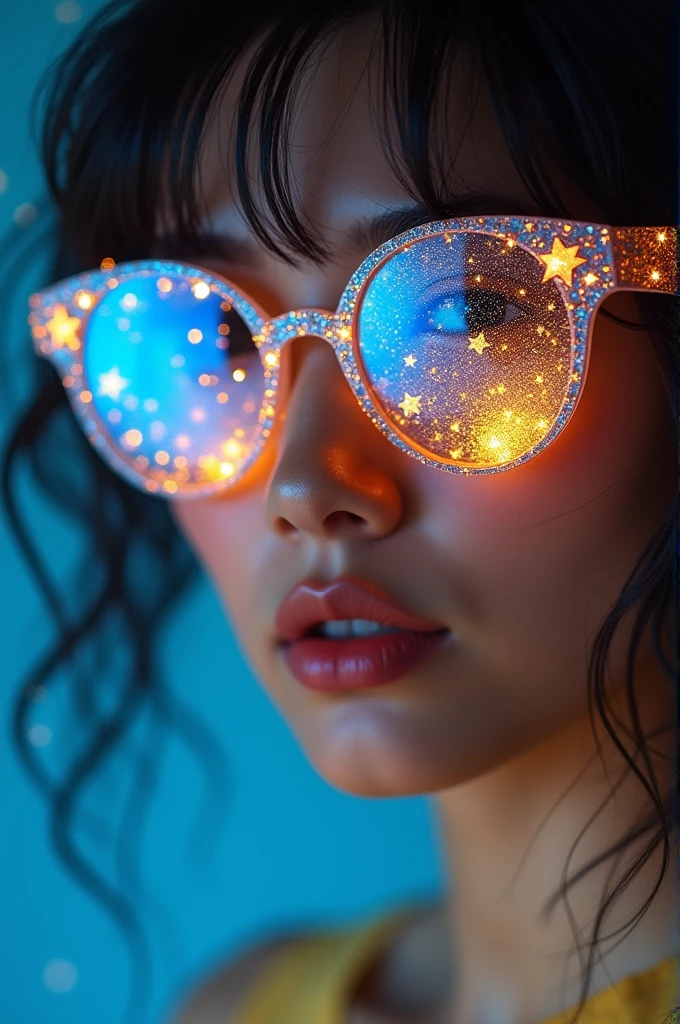 model wearing vitreous sunglasses with star and moon in the glass, in the style of dark sky-blue and light yellow, minimalist pen lines, fairy kei, use of precious materials, vibrant and lively hues, captivating, glitter