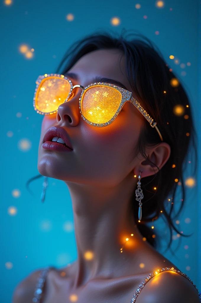 model wearing vitreous sunglasses with star and moon in the glass, in the style of dark sky-blue and light yellow, minimalist pen lines, fairy kei, use of precious materials, vibrant and lively hues, captivating, glitter 