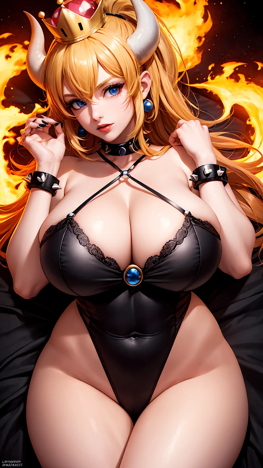 ((high detailed, best quality, 4k, masterpiece, hd:1.3)), ((best quality)), (((HD))), (((8k))), (ultraDH), (ultra HD), Princess Daisy, blue eyes, BREAK blue eyes, seductive, attractive, smooth anime cg art, 36C breasts, long legs, vivid colors, detailed digital art, slim body, perfect skin, dark blonde hair, long hair, blonde hair, blonde hair, BREAK crown, cleavage, 36C cleavage, looking at viewer, BREAK looking at viewer, extremely detailed face, red santa suit, red santa claus suit, santa claus suit, earrings, gem, dark black makeup lips, dark gothic eyeshadows, dark eyeshadows, black eyeshadows, black sexy lips, black lips, (dark:1.2), dark lips, very dark lips, (perfect hands, perfect anatomy), black makeup, black medium lips, black thick lips, detailed fingers, five fingers per hand, 5 fingers, (1 girl), detailed lips, detailed black lips, black painted lips, gothic painted lips, BREAK night, night sky, (breast focus), (arms outstreched:1.2), (from above:1.1), (breasts out:1.3), (off shoulder:1.1), (white horns), (lingerie), inside a lava castle, she inside a sea of lava, she bathing in lava, full body, perfect long legs, perfect foots, legs and foots into the lava, (((gigantic breasts)))