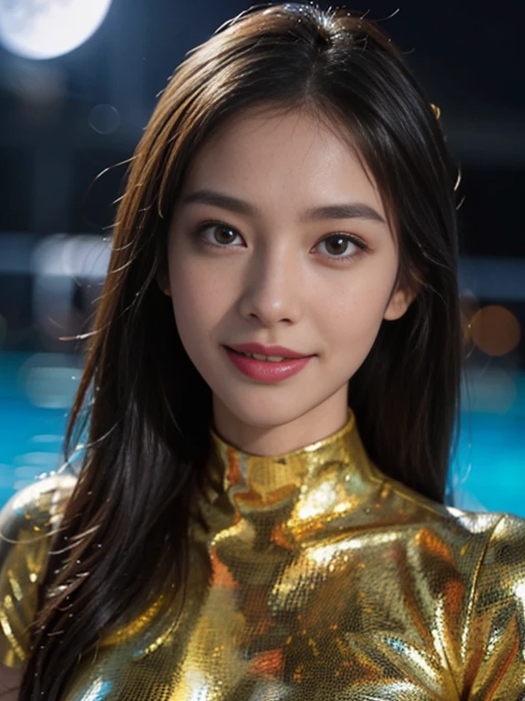 Latex bodysuit、Knee-high boots、Huge 、Long brown hair、Shiny, Oily skin、Glowing Skin、Indoor competition pool、White skin、 Body Portrait, 8k, Narrow and beautiful eyes, Dindal effect, masterpiece, 最high quality, high quality, High resolution, Very detailed photos, (Natural skin texture, Fine skin, Hyperrealism, Ultra Sharpness) , Skin with attention to detail, (Very fine, Fine skin texture, Intricate details, Beautiful Face, (A vivid face), Realistic eyes, Beautiful and detailed, Realistic Skin, Beautiful Skin, surreal, Very detailed, Golden Ratio, Smiling Eyes, ((Night moonlight background)), Body Portrait, glamorous, Shiny Bodysuit