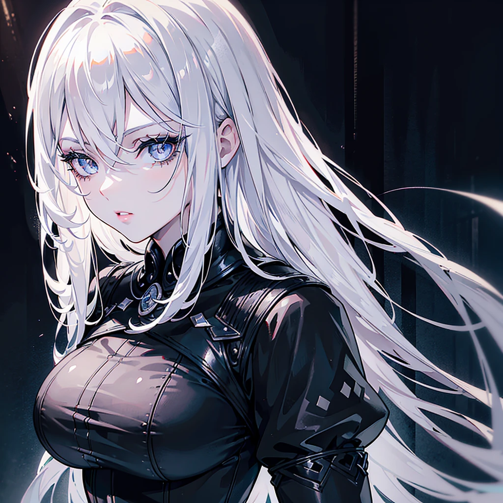1girl, beautiful detailed eyes, beautiful detailed lips, extremely detailed face, long eyelashes, waist-length white hair, white eyes, black pantyhose, black gloves, black jacket, studio lighting, photorealistic, 8k, high quality, hyperdetailed, cinematic lighting, dramatic lighting, chiaroscuro, dramatic colors, dark fantasy, moody atmosphere