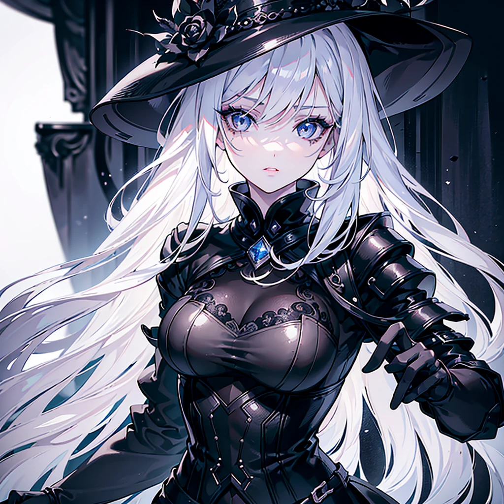 1girl, beautiful detailed eyes, beautiful detailed lips, extremely detailed face, long eyelashes, waist-length white hair, white eyes, black pantyhose, black gloves, black jacket, studio lighting, photorealistic, 8k, high quality, hyperdetailed, cinematic lighting, dramatic lighting, chiaroscuro, dramatic colors, dark fantasy, moody atmosphere