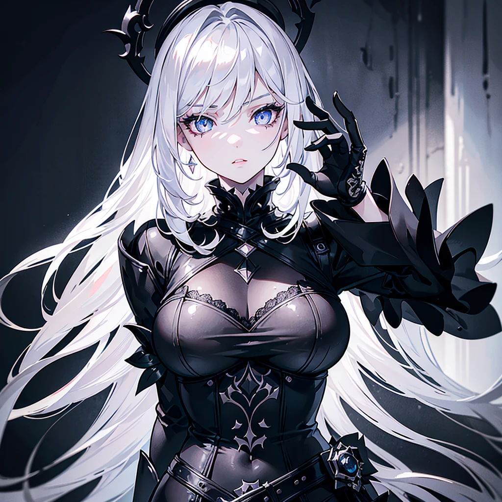 1girl, beautiful detailed eyes, beautiful detailed lips, extremely detailed face, long eyelashes, waist-length white hair, white eyes, black pantyhose, black gloves, black jacket, studio lighting, photorealistic, 8k, high quality, hyperdetailed, cinematic lighting, dramatic lighting, chiaroscuro, dramatic colors, dark fantasy, moody atmosphere