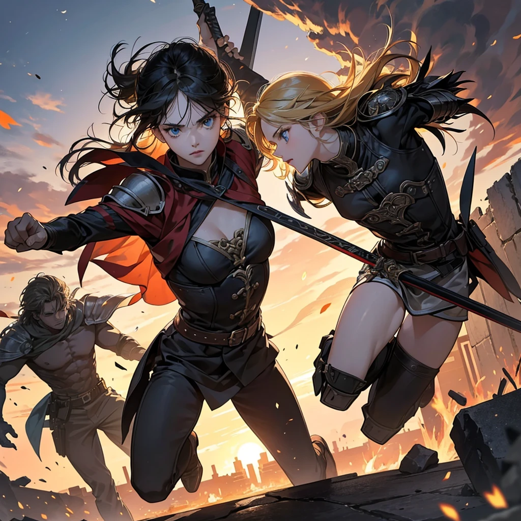 scene: An intense battle in the middle of an ancient ruined city, with rubble and fallen columns around.
Characters:
Girl: A warrior with blonde hair and blue eyes, dressed in light but strong armor, wielding a shining sword.
Chico: A warrior with black hair and dark eyes, dressed in black armor and carrying a long weapon like a spear or a dark sword.
action: The two are fighting side by side against a group of enemies (they could be enemy soldiers, dark creatures, etc.). The girl performs an acrobatic jump while attacking an enemy with her sword, while the boy covers her with his gun, blocking and counterattacking opponents. Their movements are fluid and synchronized, showing a strong connection and coordination between them.
around: The battle takes place in an ancient ruined city at dusk., with rubble and collapsed columns around. The sky is dyed red and orange by the fire of battle, and there are flashes of light and shadows that add drama to the scene.