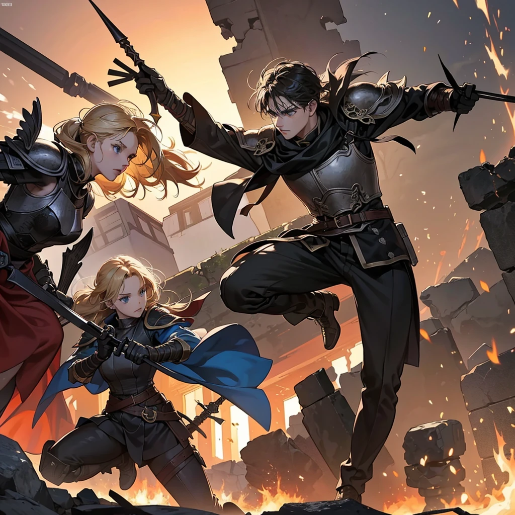 scene: An intense battle in the middle of an ancient ruined city, with rubble and fallen columns around.
Characters:
Girl: A warrior with blonde hair and blue eyes, dressed in light but strong armor, wielding a shining sword.
Chico: A warrior with black hair and dark eyes, dressed in black armor and carrying a long weapon like a spear or a dark sword.
action: The two are fighting side by side against a group of enemies (they could be enemy soldiers, dark creatures, etc.). The girl performs an acrobatic jump while attacking an enemy with her sword, while the boy covers her with his gun, blocking and counterattacking opponents. Their movements are fluid and synchronized, showing a strong connection and coordination between them.
around: The battle takes place in an ancient ruined city at dusk., with rubble and collapsed columns around. The sky is dyed red and orange by the fire of battle, and there are flashes of light and shadows that add drama to the scene.