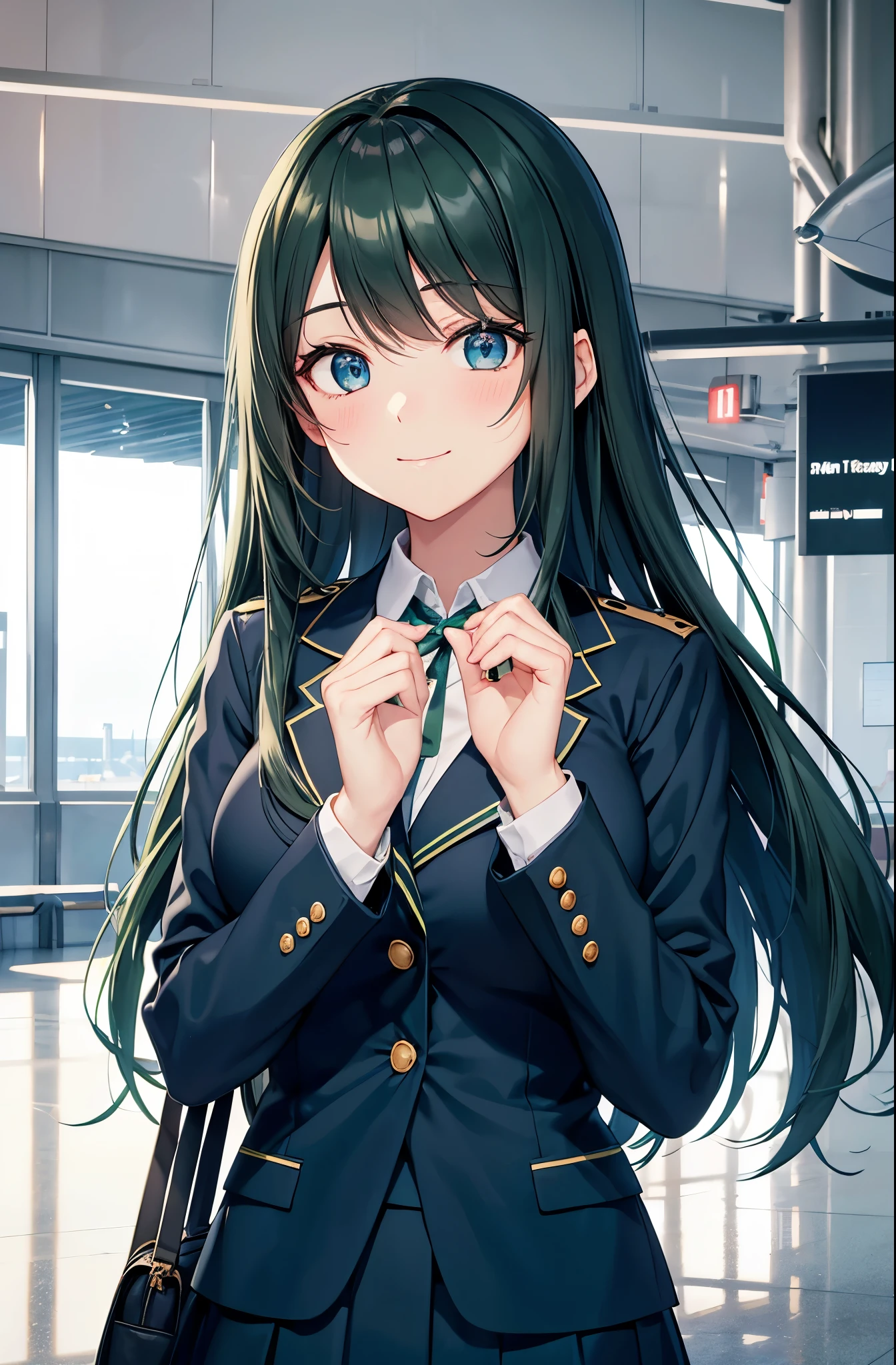 Voluminous dark green hair, dark green hair, long straight hair, big droopy eyes, blue eyes, looking at me shyly, sparkling eyes, focus on face, fresh smile, big droopy eyes, blue eyes, navy blue stewardess uniform, navy blue blazer, long skirt, greeting, over airport lobby Airplane background flying over airport lobby, . 5 fingers, both hands, high quality fingers, focus on face , 5 fingers, both hands. No shadow on background, high quality, No shadow on background, high quality, Focus on face.