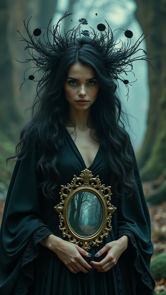 wonderland,A witch with mysterious powers,((beautiful)),Black Hair,dark castle,Peacock feather,((Broken mirror,fragment)),magic, excellent, Fantasy art concept, Intricate details, best quality, masterpiece, Extremely sharp, Surrealism