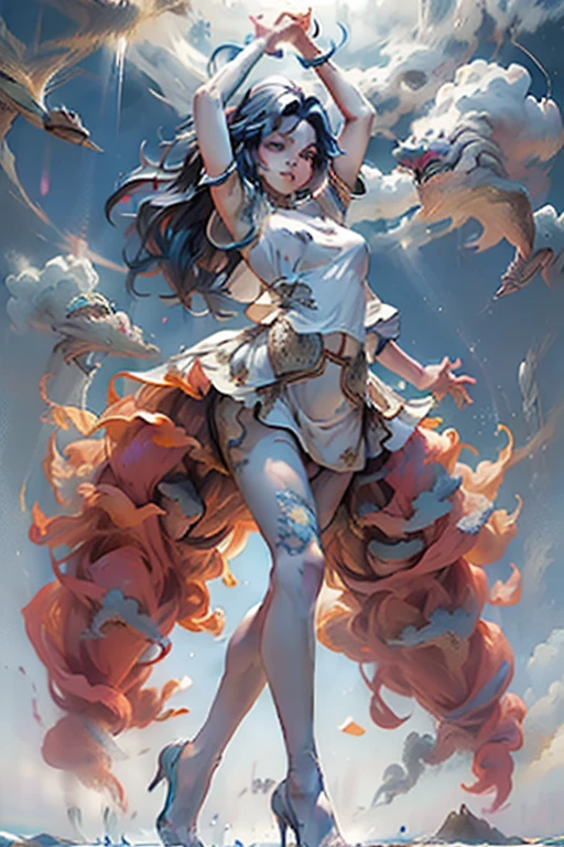 Close-up of a masked man, dreamy gothic girl, Elegant render, half body photo, ma&#39;am, Photoshop rendering, Eben Rococo tree, Elegant girl, Woman spy, очаровательная красивая молодая woman, superhero girl, extravagant dress, Beauty girl. ((full length, no crop graceful figure, Beautiful legs, fast dance pose, brunette, beautiful face with expressive eyes, light white tones, fluffy skirt made of blue iris flower petals, Esbian Full Body, White background, daylight, Efeito de Luz, minimalist, Sun, pure tenderness, soft lighting, Realism, woman, who dances on a super-giant petal of a deep blue iris flower (petals made of thin, soft voile fabric, full background of flowing  blue petals, soaring one flower in hand - a long stem above the head, huge giant blue iris flower, over her head, Smoke effect, fog, mixed with blue iris petals), ((ss-through)), masterpiece, ReV Анимированныеbest quality)), ((masterpiece)), (detailed), 1girl, off-shoulder sweater,