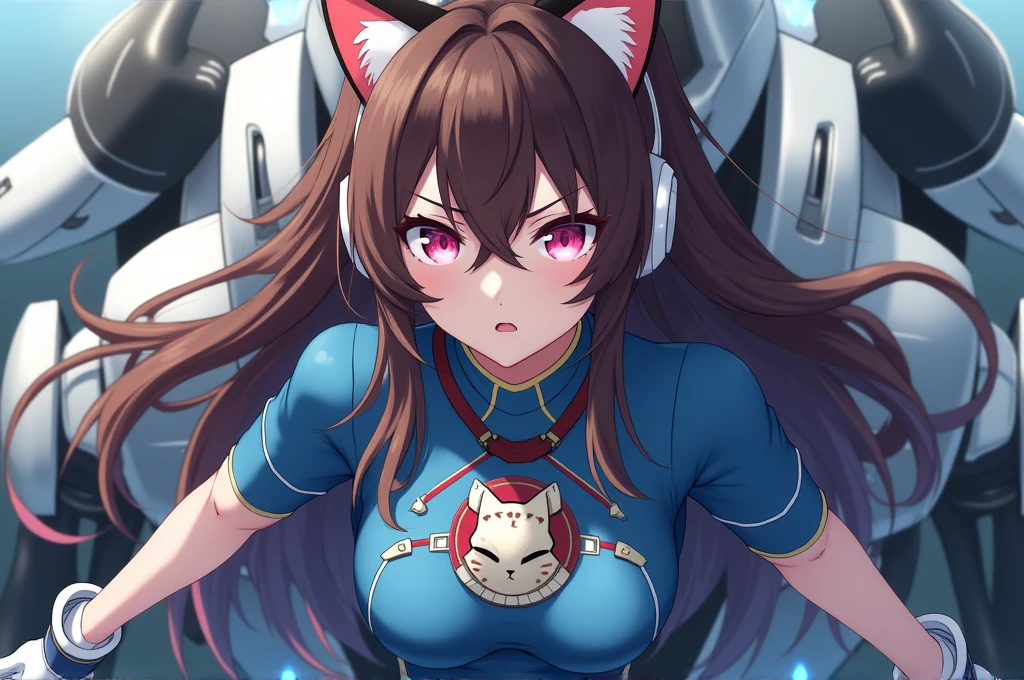 masterpiece, best quality, high resolution, Super high resolution, Solitary, Mech pilot, d.and, earphone, Pink Eyes, Blue tights, Brown hair, White gloves, cat face decoration,